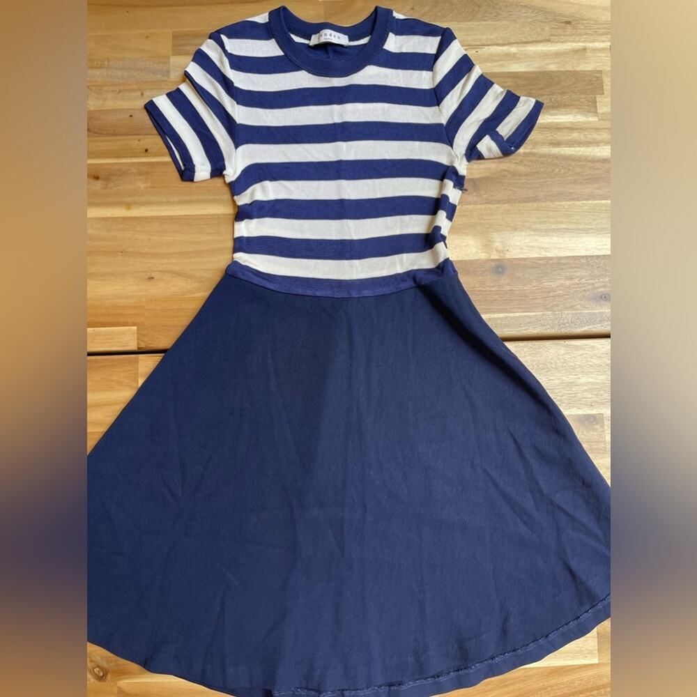Sandro Paris Navy White Striped Fit Flare Knee Length Dress Size 1 Summer Preppy